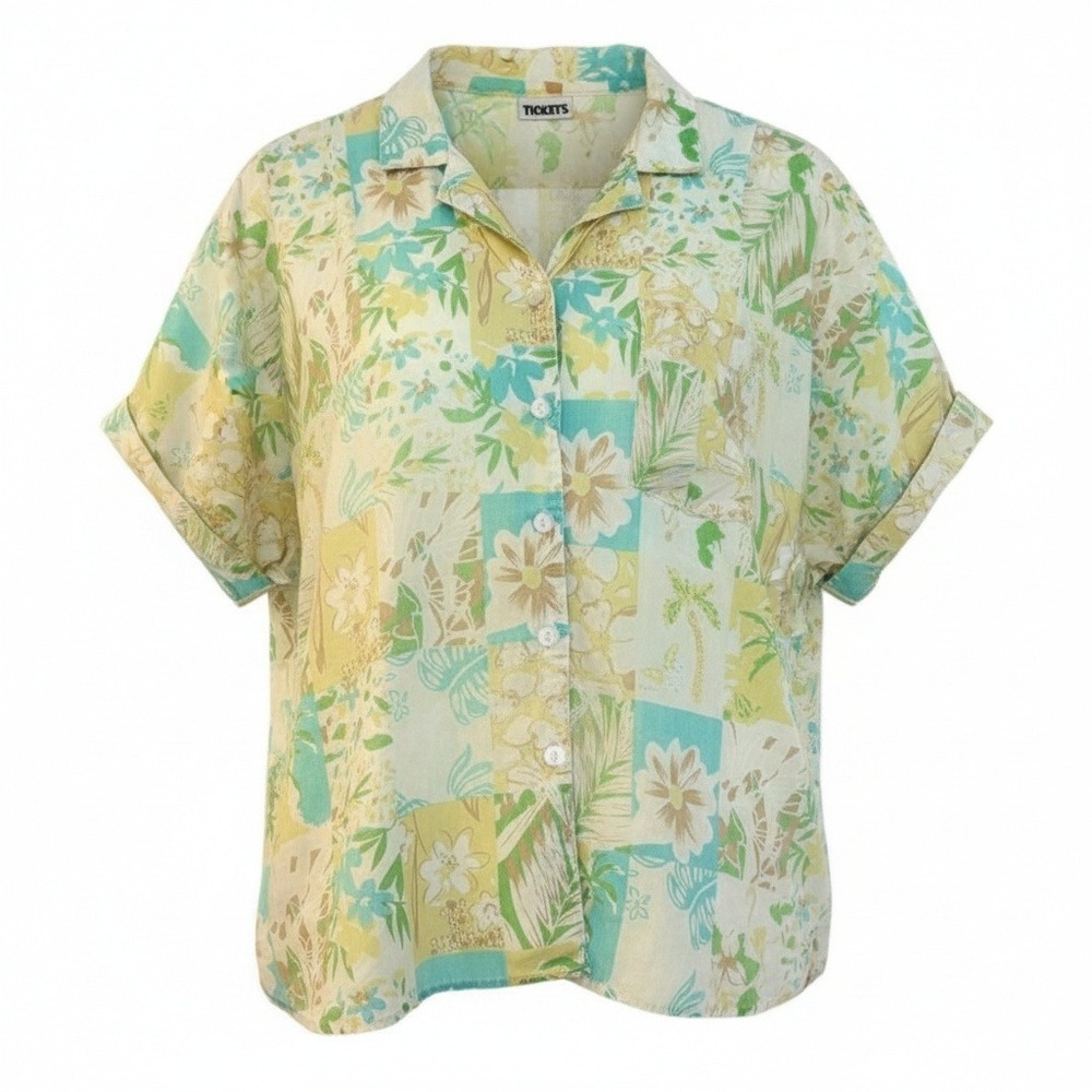 VTG TICKETS‎ Tropical Floral Patchwork Button Up Shirt Top worn in cotton retro
